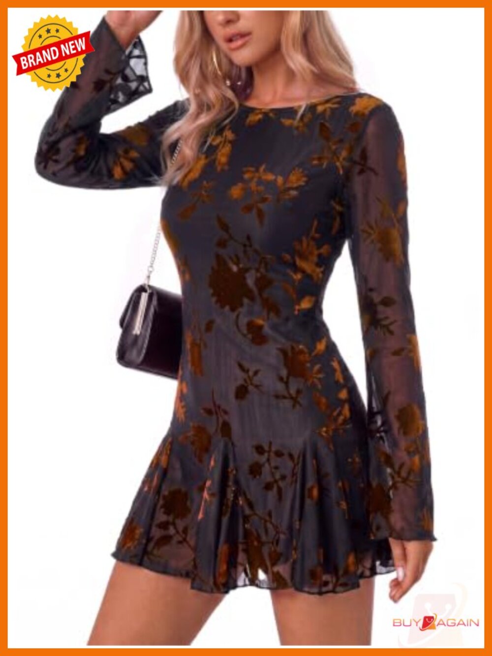 Womens Floral Jacquard Long Sleeve Mini Dress Sheer Sleeves A-Line Party